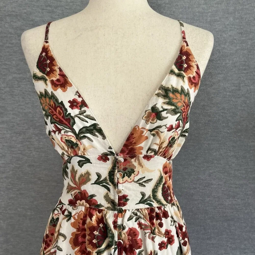 Abercrombie & Fitch Floral Linen Dress SP Buttons Plunge Neck Smocked Boho Maxi